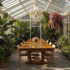 A long wooden dining table set in a sunlit conservatory, overgrown with lush, vibrant plants and cascading flowers