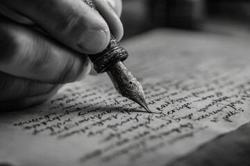 Close-up of a hand writing with a beautiful ornate fountain pen on aged paper.