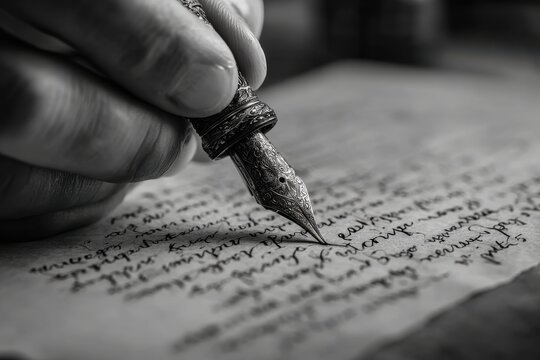 Close-up of a hand writing with a beautiful ornate fountain pen on aged paper.