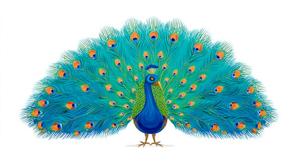 A peacock with its feathers spread out, vector art on a white background