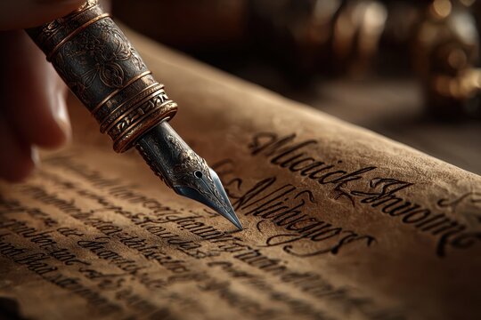 Ornate antique fountain pen writing on a vintage textured parchment scroll with elegant calligraphy, historical document.