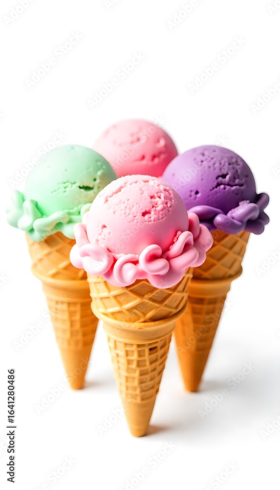 Poster Generative AI: A Delightful Array of Colorful Ice Cream Cones on a Clean White Background