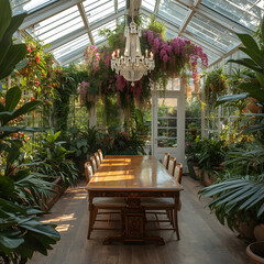 A long wooden dining table set in a sunlit conservatory, overgrown with lush, vibrant plants and cascading flowers