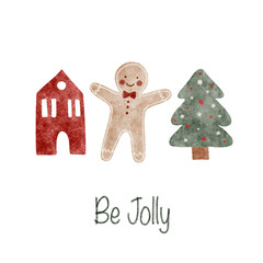 Watercolor christmas art with gingerbread cookie, tree, and red house. Cozy winter illustration for seasonal greeting card. Perfect for merry holiday decoration.