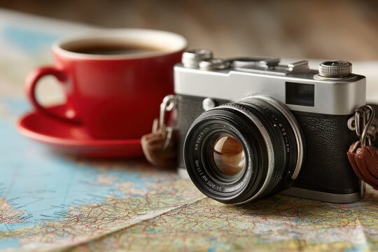 Classic camera and coffee on a map, perfect for travel planning inspiration.