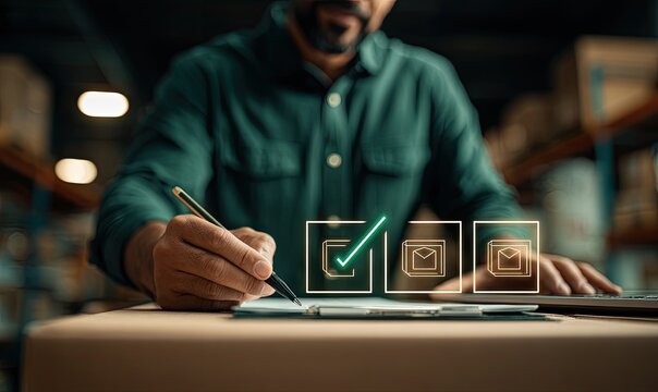 Warehouse worker checking inventory - Powered by Adobe