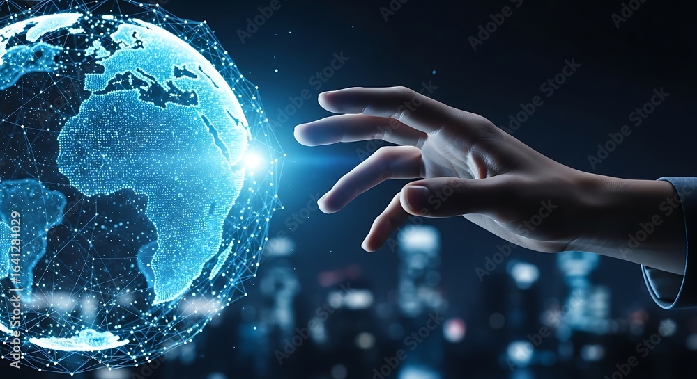 Poster hand reaching towards a glowing digital globe representing global network and technology