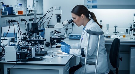 Female scientist with crutches working in a modern laboratory