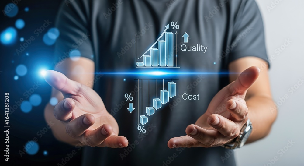 Poster optimizing business performance: man presenting cost reduction and quality improvement graph with fu