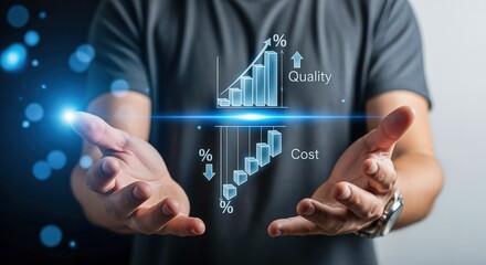 Optimizing Business Performance: Man Presenting Cost Reduction and Quality Improvement Graph with Futuristic Technology