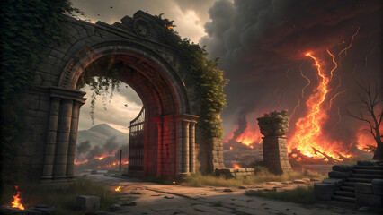 An ancient stone archway stands amidst a landscape engulfed in a fiery apocalyptic storm with lightning strikes.