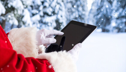 Santa holding tablet on Christmas tree background
