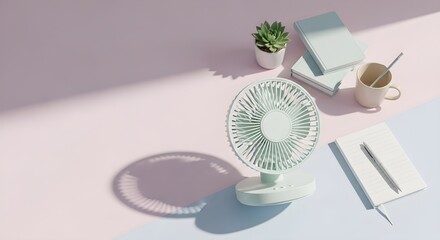 A pastel colored desk fan potted succulent stack of books mug and notepad with pen