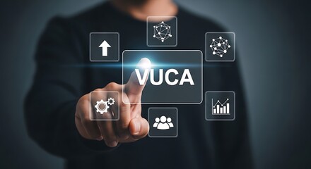 Naklejka premium Person touching V U C A interface with icons VUCA