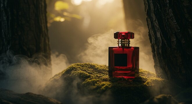 Vibrant fragrance amidst misty forest, symbolizing nature's essence captured in luxurious perfume presentation. - Powered by Adobe