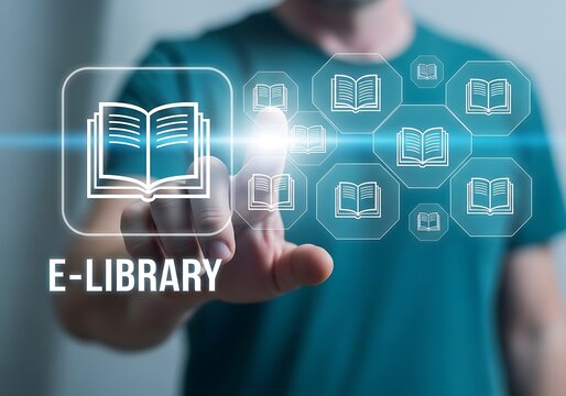 Person touching digital book interface books library - Powered by Adobe