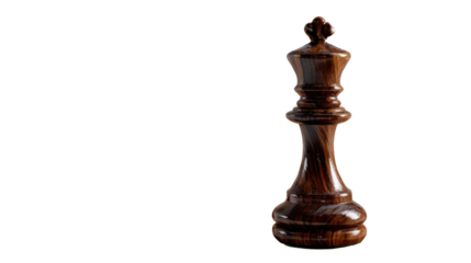 Chess King in Isolation: A solo, majestic chess king piece, crafted from rich dark wood, stands resolute against a backdrop of calm space.