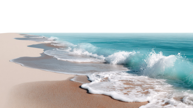 Ocean Waves Crashing on Sandy Shore: Witness the raw power and serene beauty of nature as ocean waves crash onto a pristine sandy beach, the crystal-clear water glistening under the sun.