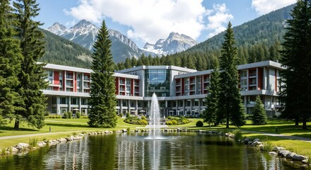Fototapeta premium Scenic luxury hotel nestled in the mountains with a tranquil pond and fountain