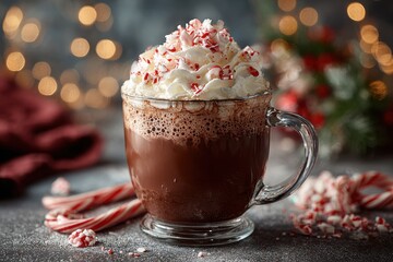 Creamy hot chocolate with whipped cream and crushed peppermint candy canes.