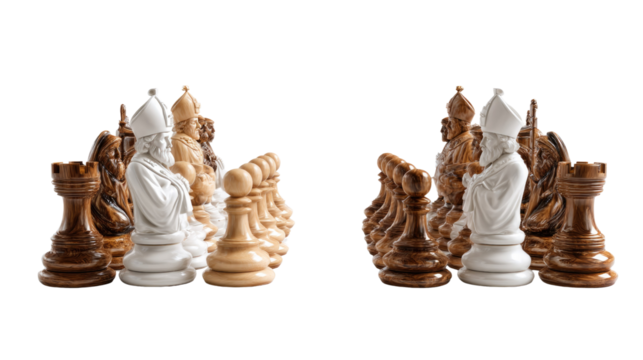 Strategic Showdown: Two chess armies face each other in anticipation, set against a neutral backdrop, symbolizing a test of strategy, intellect, and tactical foresight.