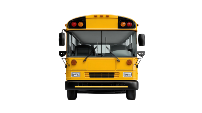 Front view of a School Bus: A classic yellow school bus is presented directly facing the viewer, providing a striking and inviting image, perfect for educational or transport-themed visuals.