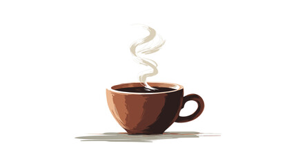 Pixel art illustration showcasing a brown ceramic cup filled with a hot beverage, emitting swirling steam, set against a black backdrop.