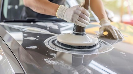 Polisher using a polishing machine to buff metal surfaces, creating a smooth and shiny finish, wearing protective gloves and goggles in a workshop, working on automotive parts and metal components