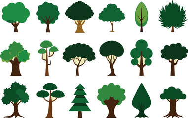 Collection of diverse green trees in a flat design style