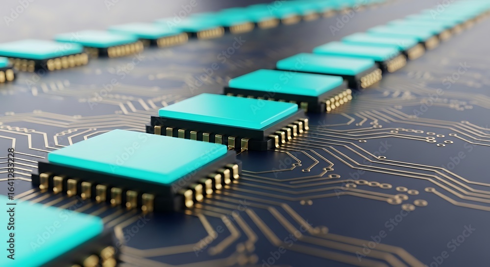 Poster a line of turquoise computer chips on a dark circuit board