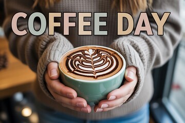 Celebrate Coffee Day with a delicious latte art creation held lovingly in hand, perfect for cozy mornings and sharing the love of coffee with friends