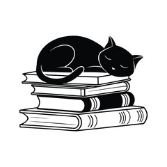 vector silhouette of a cat sleeping on a stack of books 