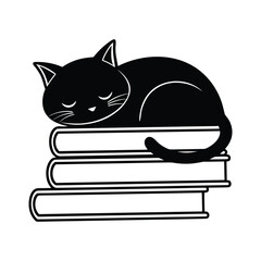 vector silhouette of a cat sleeping on a stack of books in white background