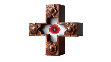Lest We Forget: A beautifully crafted commemorative cross with a vibrant poppy centerpiece, a poignant symbol of remembrance, peace, and respect for fallen soldiers.