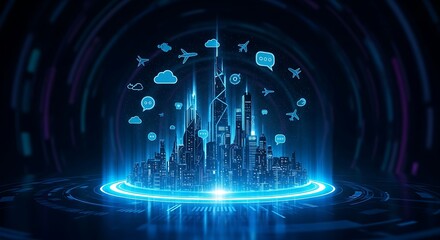 Fototapeta premium Futuristic glowing city skyline with digital network and cloud technology
