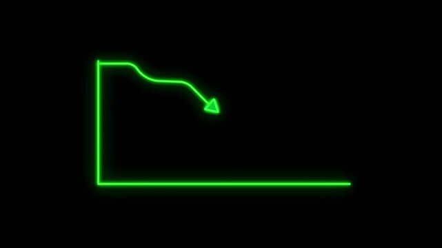 Animation footage of graph showing fluctuate downward trend, abstract glowing line arrow down business graph icon animation on black background.