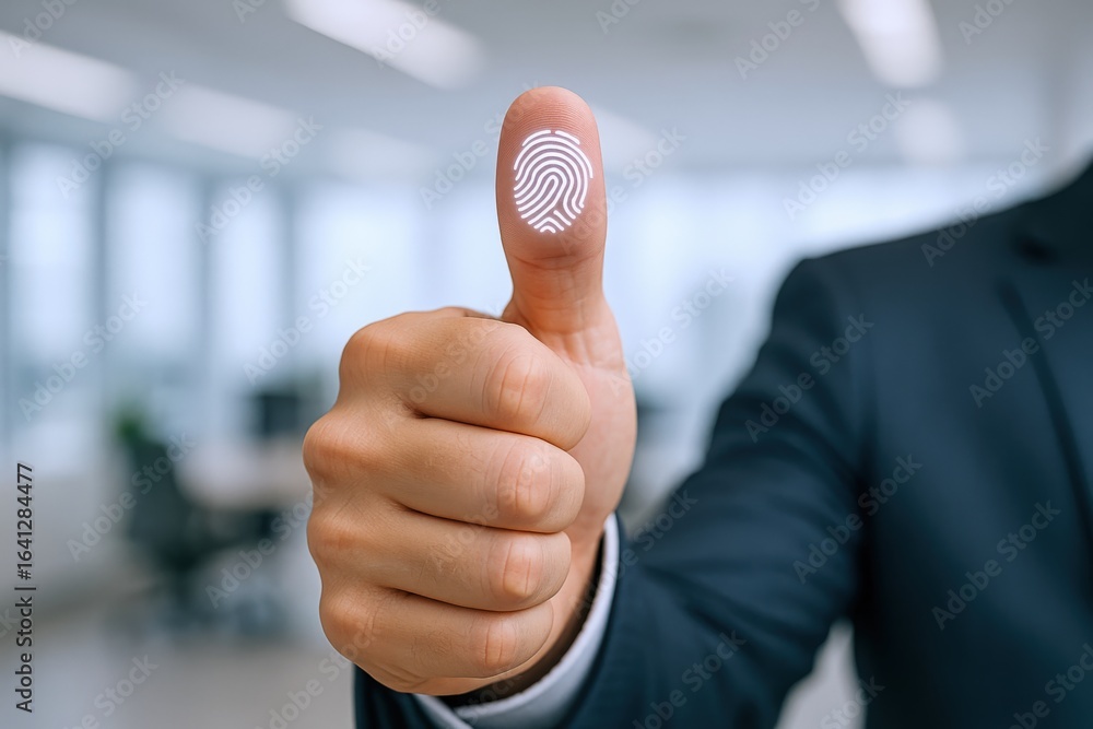 Poster biometric identification: man showing thumb with fingerprint scan for security and access control