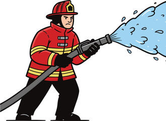 Firefighter Spraying Water Vector Flat