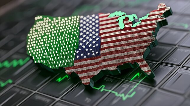 Abstract 3D United States Map with Flag Texture on Dark Financial Graph Background - Powered by Adobe