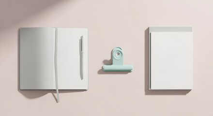 Open notebook with pen and teal binder clip arranged on a pale surface with soft shadow