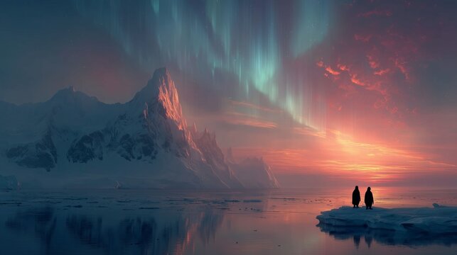 Penguins on ice with aurora and sunset