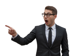 Young man in black suit and glasses pointing with surprised isolated on white transparent background png jpg business people clipping path cutout 2025 2026 4k full hd poster banner label download