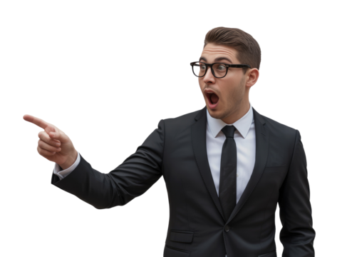 Young man in black suit and glasses pointing with surprised isolated on white transparent background png jpg business people clipping path cutout 2025 2026 4k full hd poster banner label download