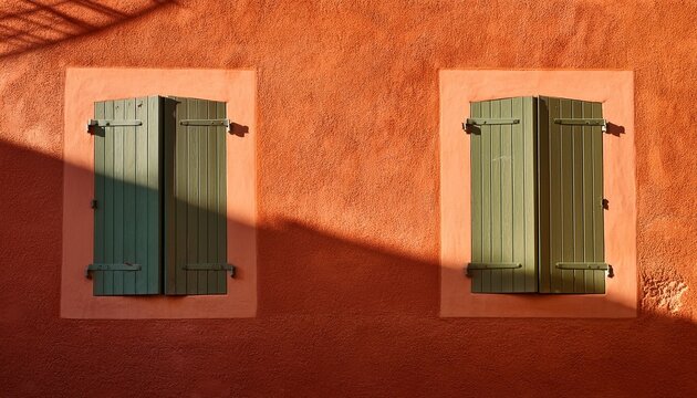 abstract sun and shadow pattern cast on a traditional rustic terracotta colour old wall with green shutters in st tropez the south of france