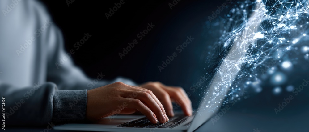 Poster a person types on a laptop, with digital connections and data visualization emerging from the device