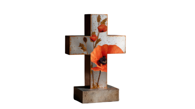 Remembrance and Reverence: A solemn cross, adorned with vibrant poppies, stands as a poignant symbol of remembrance, painted in the gentle glow of natural light, echoing themes of sacrifice, hope.