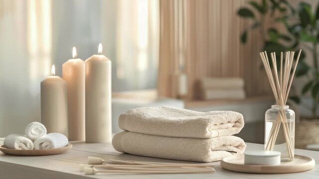 A serene arrangement of spa essentials featuring lit candles, neatly stacked towels, and a stylish aroma diffuser. Set against a soft, neutral backdrop, creating a calming atmosphere.