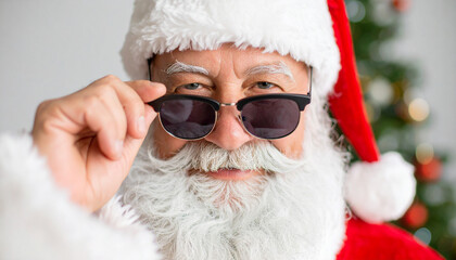Santa Claus in eyeglasses is looking at camera and smiling