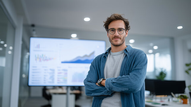 Portrait of a confident young businessman or data analyst in a modern tech office