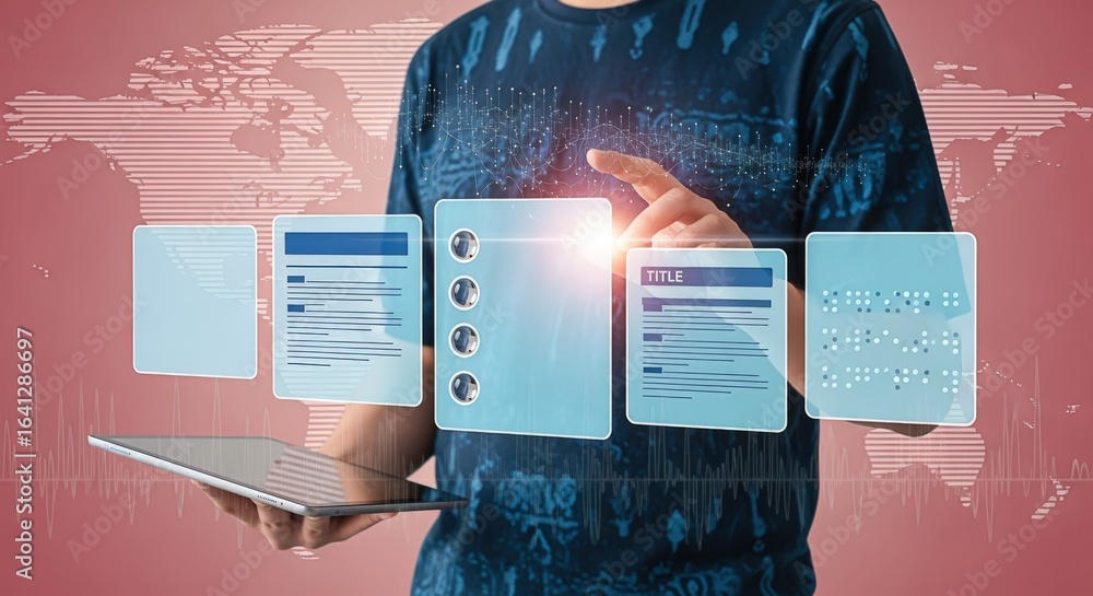 Poster man interacting with digital interface holding tablet, representing data management and futuristic t